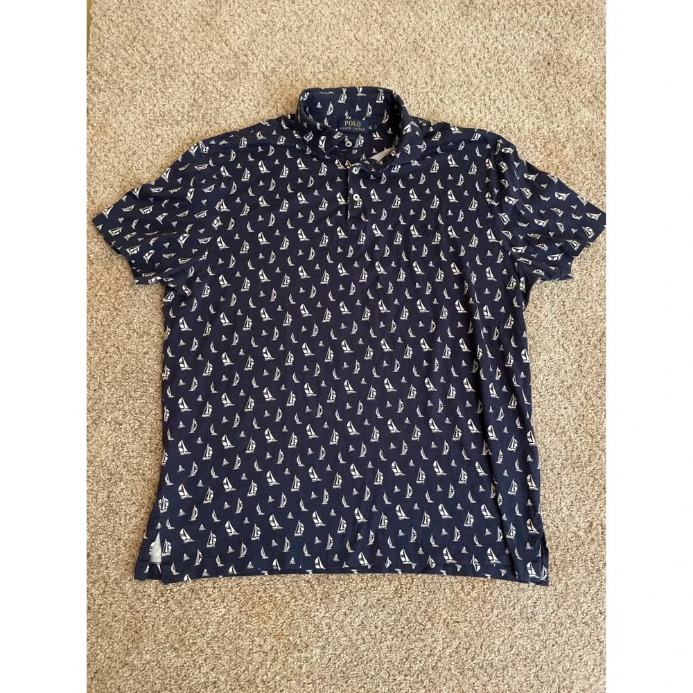 Polo Ralph Lauren Men's Polo Shirt XL Navy Blue Sailboat AOP Print Short Sleeve